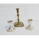 A pair of Birmingham silver desk candlesticks, 6cm high, together with a London silver knop