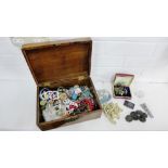 An oak and brass mounted box containing a collection of costume jewellery together with a small