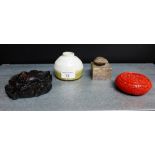 A mixed lot to include a red cinnabar circular pot and cover, a small stoneware vase, a hardstone
