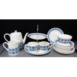 A Royal Tuscan retro 'Charade' patterned tea service comprising teapot, milk jug, sugar bowl, six
