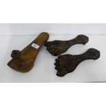 A pair of Eastern wooden foot / shoes with red wax seal fragments, together with another, longest