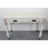 A white painted side table, the rectangular top over two frieze drawers, on turned supports,