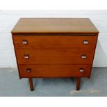 A retro teak chest, fitted three long drawers, on straight supports 73 x 76cm
