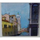 Rosemary Schofield 'Canal Bridge and Belfry, Venice, Oil and pastel on card, in a glazed silver gilt