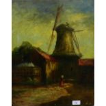 19th Century School 'Windmill with figure to the foreground' Oil-on-Canvas, signed with initials,