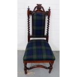 A mahogany side chair with scrolling arched top rail and barley twist supports, having a tartan