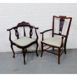 A mahogany inlaid open armchair together with a mahogany corner chair, 86 x 52cm (2)