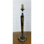 A Japanned black lacquered table lamp painted with figures and stylised motifs on an octagonal base,