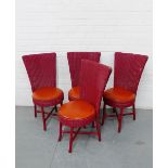 A set of four red painted Lloyd Loom style chairs with curved backs and circular red vinyl seats, (