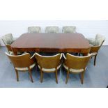 An Art Deco walnut dining suite comprising an extending table with two extra leaves and a set of