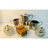 Epns wares to include a three piece teaset, two glass powder jars, boxed fish knives and forks, a