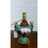 A Sevres style Celeste bleu ground baluster table lamp base with gilt metal mounts painted with