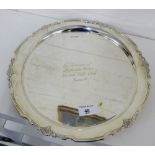 Silver tray with shell cast rim, with presentation inscription to centre, Sheffield 1971, 30cm