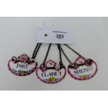 A set of three enamelled decanter labels to include 'Claret', 'Sherry' and 'Port', (3)