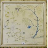 A gilt wood framed silk and needlework embroidered panel depicting birds, insects and foliage, 62