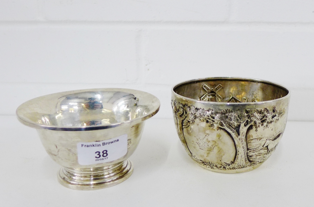 Victorian silver bowl with repousee Dutch landscape scene, makers marks for Robert Humphries, London