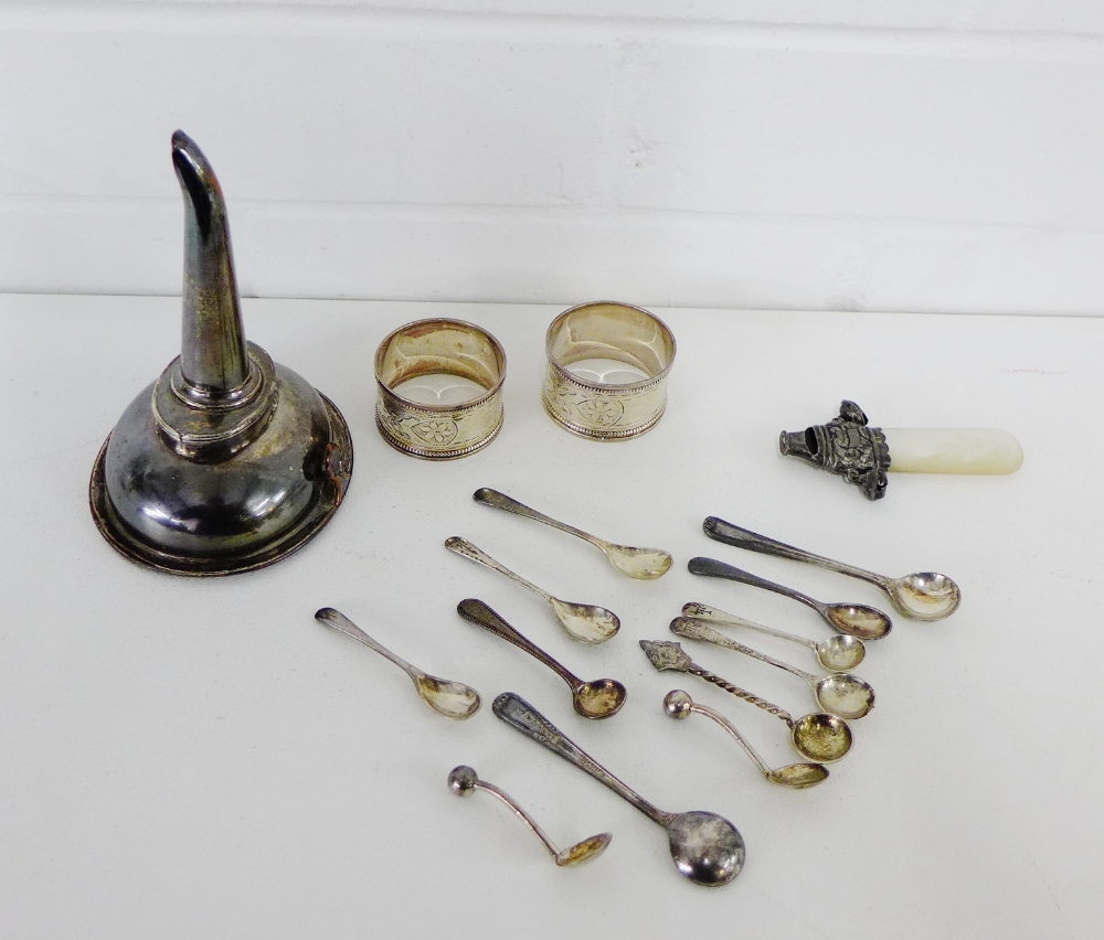 A mixed lot to include two foliate engraved silver napkin rings, miscellaneous silver and Epns