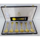 A cased set of six Georg Jensen silver gilt and enamel year spoons, dated 1977 - 1982 (6)