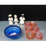 A mixed lot to include a Vasart blue glass bowl, a set of six rose glass intaglio cut octagonal