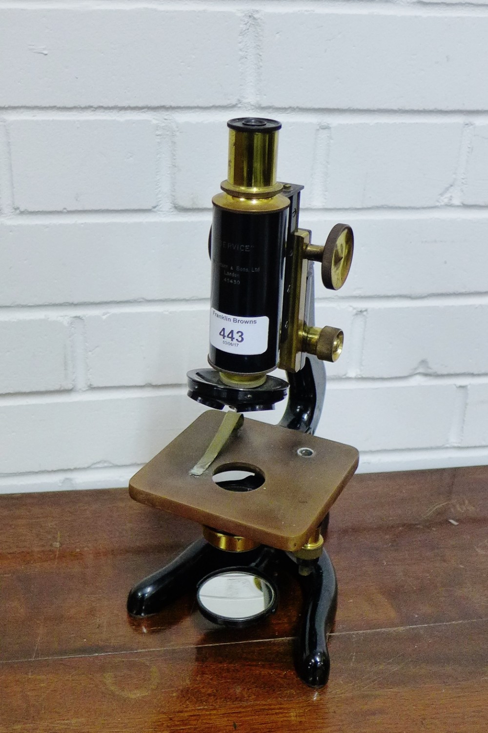A W. Watson & Son's Limited of London, Service monocular brass lacquered microscope numbered 45430