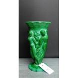 A Malachite green opaque glass vase moulded with three female nude figures, fruit and vines, 22cm