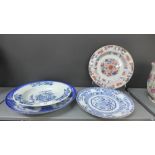A Chinese porcelain blue and white plate and bowl, together with a Chinese Imari patterned plate and