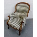 A mahogany show frame parlour chair with upholstered back, arms and seat, raised on cabriole