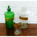 Three glass chemist bottles with gilt labels to include 'Liq-arsen', 'Glycyr' and 'AC-nitrate.d',