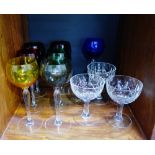 A set of seven harlequin coloured wine glasses etc., and others etc., (a lot)