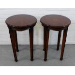 A pair of occasional tables, the circular top on square tapering supports (2)