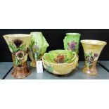 A collection of six various Kensington Price Art Deco lustre glazed wares to include four vases, a