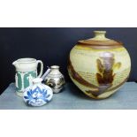 A mixed lot to include a Studio Pottery ovoid vase and cover, a Dudson's style green glazed jug, a