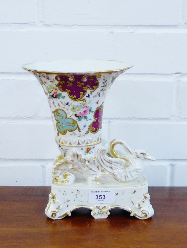 An English porcelain vase on a gilt swan rococo style base, painted with floral sprays, (damages)