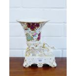 An English porcelain vase on a gilt swan rococo style base, painted with floral sprays, (damages)