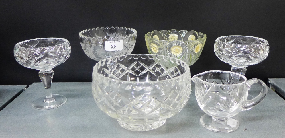 A collection of crystal sundae dishes, a cream jug and a fruit bowl etc., (a lot)