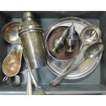 A tray containing a collection of Epns wares to include cocktail shaker, sauce ladles, wine slide