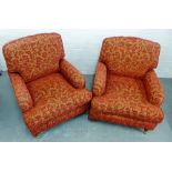 A pair of terracotta upholstered armchairs, 76 x 83cm, (2)