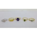 A collection of five 9 carat gold gemset dress rings, UK ring size Q (5)