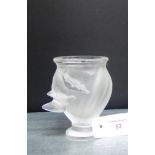 A Lalique opaque glass vase with two birds, etched marks to the base, 12.5 cm high