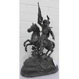 A Spelter figure of a flag bearing knight on horseback on an oval step base, 56cm high