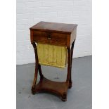 A 19th century mahogany work box, on x frame supports and undertier and four bun feet, 76 x 41cm