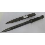 A German bayonet, the blade is numbered S/172k and 5596, the metal sheath inscribed JOSCORTS SN1938