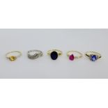 A collection of five 9 carat gold gemset dress rings, UK ring size Q (5)