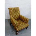 A Gillows floral upholstered armchair on mahogany cabriole supports and ceramic castors, 87 x 71cm