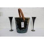 A contemporary silver plated ice bucket with tan leather handle together with a pair of goblets, (3)