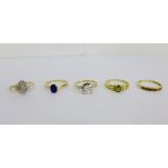 A collection of five 9 carat gold gemset dress rings, to include a diamond cluster ring, UK ring