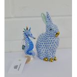 A Herend porcelain Hare and Seahorse with blue fishnet pattern, tallest 14.5cm, (2)