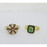 A 14 carat gold opal flowerhead dress ring and a 14 carat gold emerald, paste and enamel dress