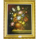 Indistinctly signed Continental School, 'Still Life Vase of Flowers' Oil-on-canvas, in a gilt wood