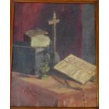 19th century Swedish School 'Church Altar with Crucifix and Bible' Oil-on-canvas, signed